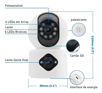 Câmera IP Bába Eletrônica Inteligente Panorâmica WiFi - Lente Dupla - Zoom Digital 4x - Alarme - Image 2