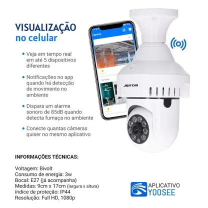 Câmera IP Segurança WiFi 360 Lâmpada Full HD 1080 JT-8191 com Detector de Fumaça, Sensor Movimento Áudio - Image 2