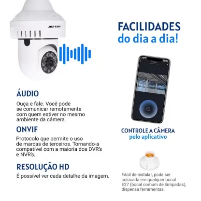 Câmera IP Segurança WiFi 360 Lâmpada Full HD 1080 JT-8191 com Detector de Fumaça, Sensor Movimento Áudio - Image 6